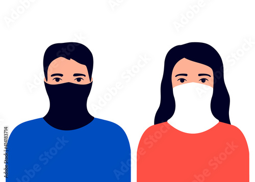 Neck gaiter, warm winter face mask wear young man and woman. Protection versus viruses, infection and cold. Respiratory mask for safe, health care. Vector illustration