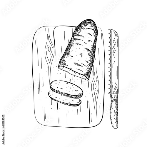 A hand-drawn sketch style sketch of a baguette, a loaf on a board with wire cutters and a knife. Top view.  Vector illustration for bakery products and packaging, advertising, social networks.