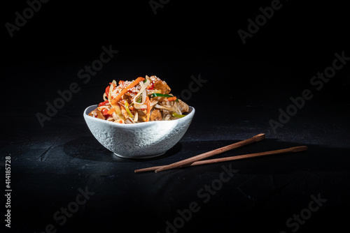 Udon stir-fry noodles with chicken and vegetables on dark background. Appetizing asian cuisine