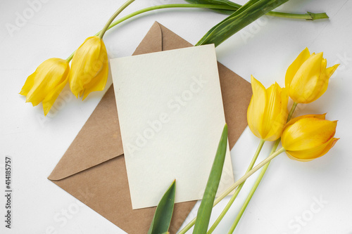 set of CARDs MOCKUP WITH tulipsFLOWERS with ribbon photo