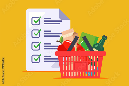 man made a shopping list for the store. a grocery basket and a list of products compiled by the wife. flat vector illustration on yellow background.