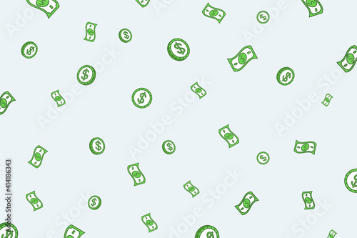 Green coins and cash money vector flat illustration isolated on green background. Financial success, investments, banking, wellbeing increasing, salary or incomes backdrop concept.