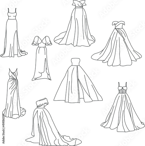 A set of women's dresses in a sketch. Vector illustration of holiday, wedding, evening dresses, sundresses. Clothes for women. Design for postcards, posters, textiles, element, coloring pages.