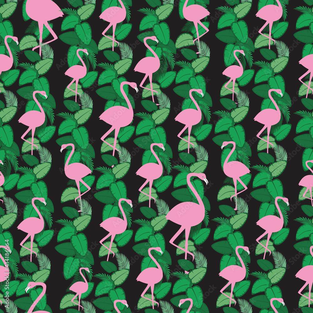 Pink flamingo seamless pattern, flat vector stock illustration as texture or ornament with exotic bird and leaves for printing on fabric, textile Pink flamingo seamless pattern, flat vector stock illustration as texture or ornament with exotic bird and leaves for printing on fabric, textile