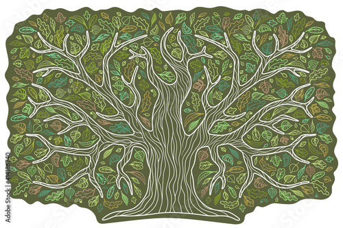 Oak in a decorative style. Colorful leaves, foliage of different trees. A large family tree. Contour. For the design of magazines, booklets, books, etc. Isolated on a white background.