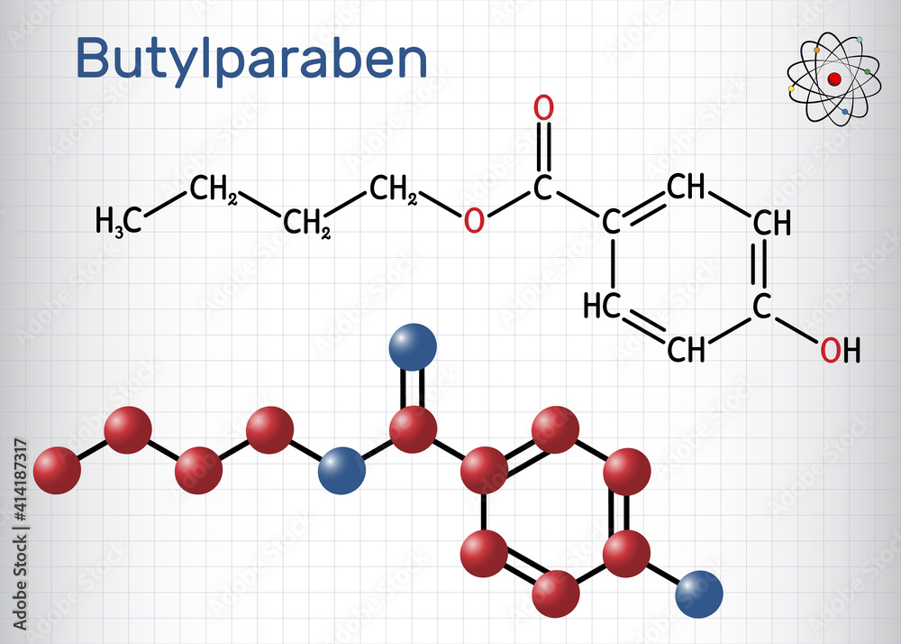 Butylparaben, butyl p-hydroxybenzoate, butyl paraben molecule. It is paraben, antimicrobial preservative in cosmetics. Sheet of paper in a cage Butylparaben, butyl p-hydroxybenzoate, butyl paraben molecule. It is paraben, antimicrobial preservative in cosmetics. Sheet of paper in a cage