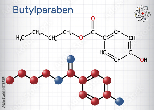 Butylparaben, butyl p-hydroxybenzoate, butyl paraben molecule. It is paraben, antimicrobial preservative in cosmetics. Sheet of paper in a cage photo