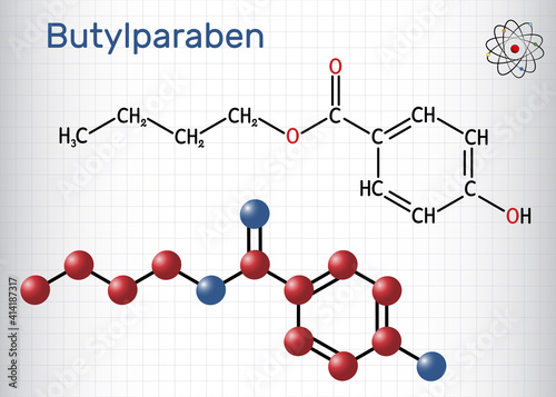 Butylparaben, butyl p-hydroxybenzoate, butyl paraben molecule. It is paraben, antimicrobial preservative in cosmetics. Sheet of paper in a cage