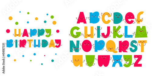 Children font in the cartoon style. Funny letters with cute faces. Colorful typography. Vector alphabet.