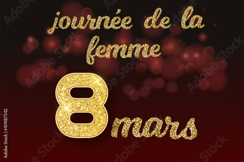 carte ou bandeau sur la journée mondiale de la femme le 8 mars en or sur un fond marron noir en effet bokeh