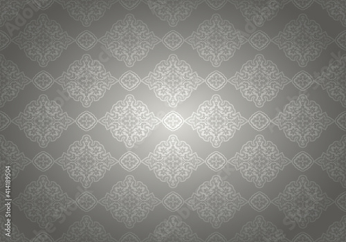 Oriental vintage background with Indo-Persian ornaments. Royal, luxurious, horizontal textured wallpaper in silver color, with darkening at the edges, vignette. Vector illustration
