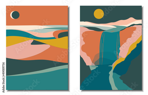Abstract contemporary aesthetic backgrounds landscapes set with desert, sand dunes, mountains, moon, waterfall, rocks, river, sun. Flat abstract design. vector background
