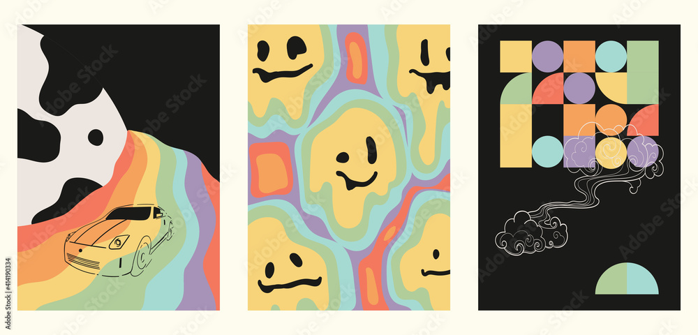 Set of three minimalist rainbow posters. Backgrounds for your social media, web design, interiors. Vintage illustrations with different bright stripes, funny faces, thin lines, geometric shapes. Set of three minimalist rainbow posters. Backgrounds for your social media, web design, interiors. Vintage illustrations with different bright stripes, funny faces, thin lines, geometric shapes.