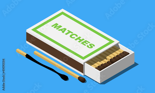 Isometric open matchbox and burnt matchstick vector icon isolated on blue background.