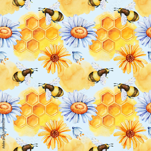 Fototapeta Naklejka Na Ścianę i Meble -  Digital paper seamless pattern with bee wasp, bumblebee, honey, field herbs, chamomile, calendula. Hand drawn watercolor illustration isolated on white background.