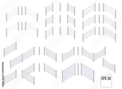 Isometric white fence sections. Vector