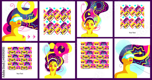 A bold, bright poster with psychedelic touches in a retro style. Banner design depicting a young confident girl with bright hair abstract hair. Psych Out trend