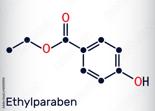 Ethylparaben, ethyl paraben, ethyl para-hydroxybenzoate molecule. It is ethyl ester, paraben, phytoestrogen, antifungal preservative, E214. Skeletal chemical formula