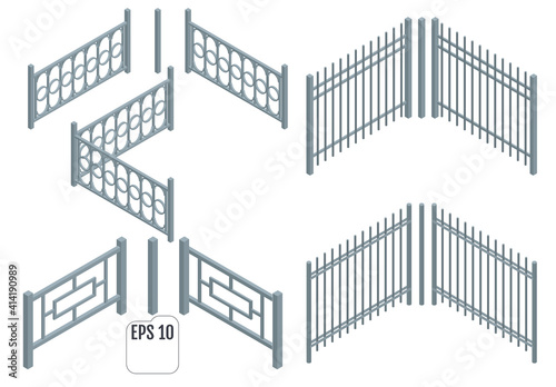 Isometric Metal fence sections. Vector