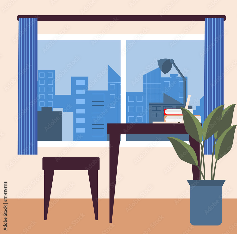 Naklejka premium Vector interior of a room with a window and a view of the city, a view of the city from the window