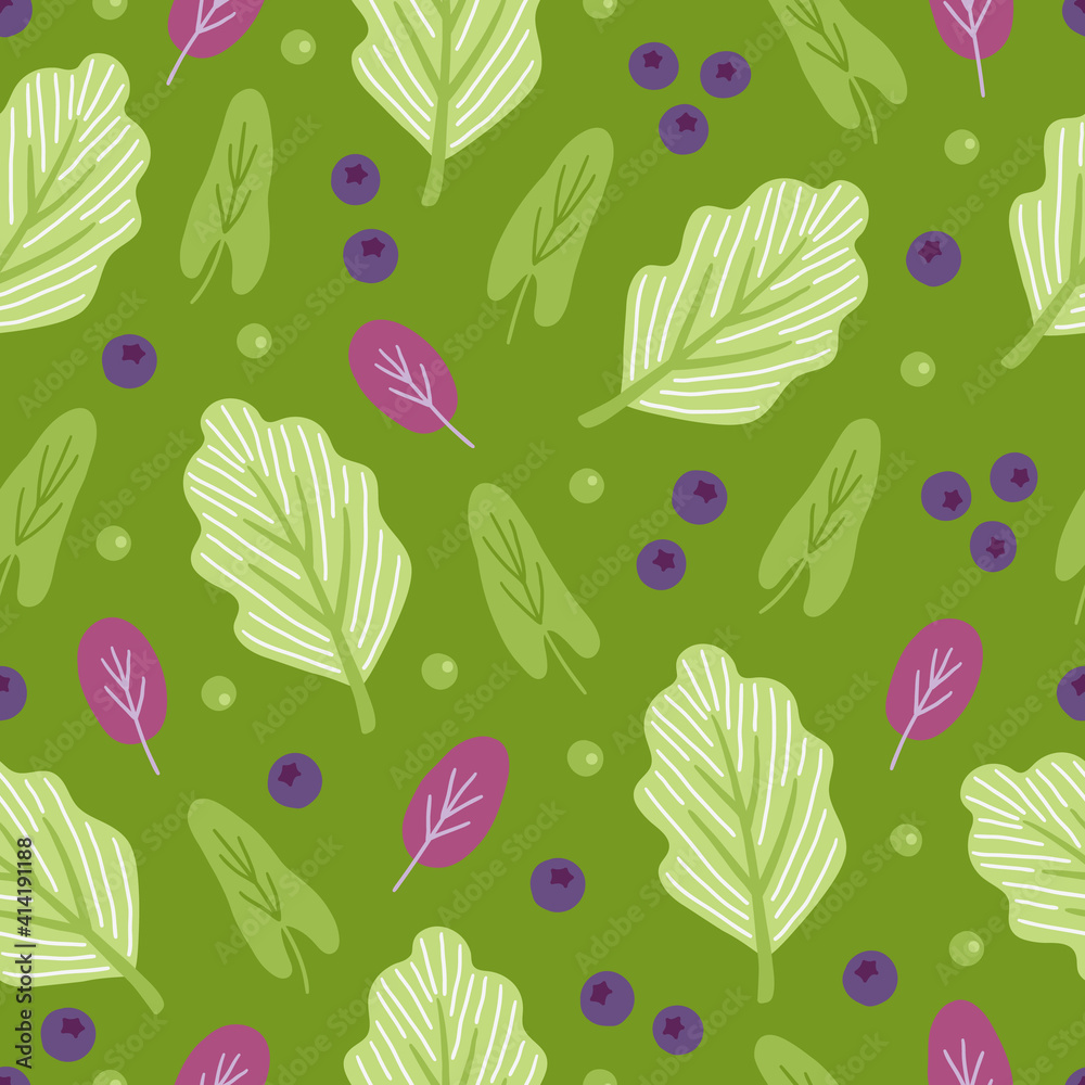 Vegetables seamless pattern with sorrel, blueberry, salad leaves, pea