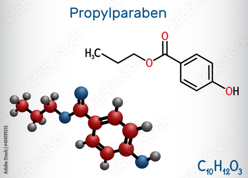 Propylparaben, propyl paraben molecule. It is benzoate ester, paraben, antimicrobial, antifungal preservative, E216. Structural chemical formula, molecule model