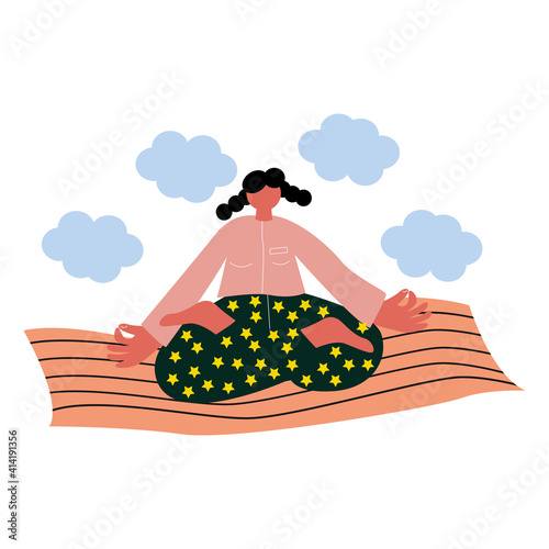 The girl sits in the lotus position on the carpet and meditates, calm and peaceful. trendy flat vector