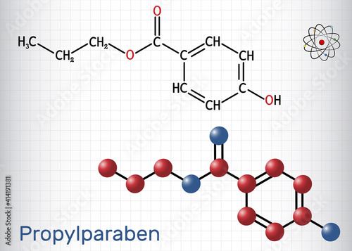 Propylparaben, propyl paraben molecule. It is benzoate ester, paraben, antimicrobial, antifungal preservative, E216. Sheet of paper in a cage
