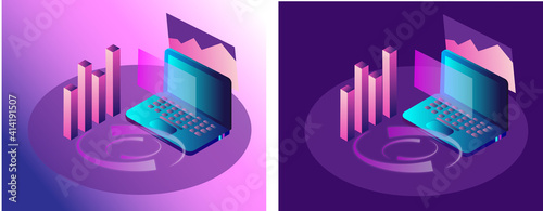 Business strategy concept. Data analysis and investment. Business success. Financial overview with notebook and infographic elements. 3d isometric flat design. High quality photo