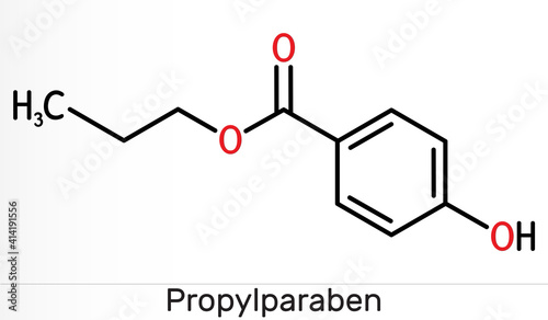 Propylparaben, propyl paraben molecule. It is benzoate ester, paraben, antimicrobial, antifungal preservative, E216. Skeletal chemical formula