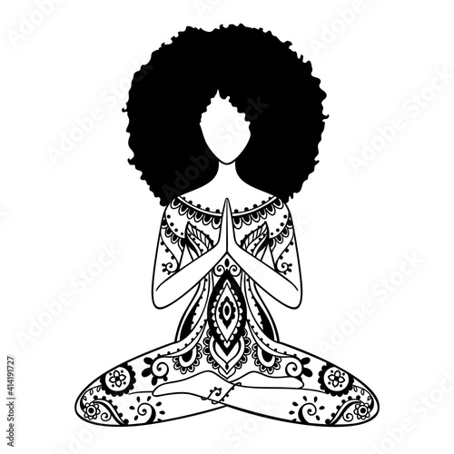 Yoga girl. African american woman doing yoga. Ornament Meditation pose.