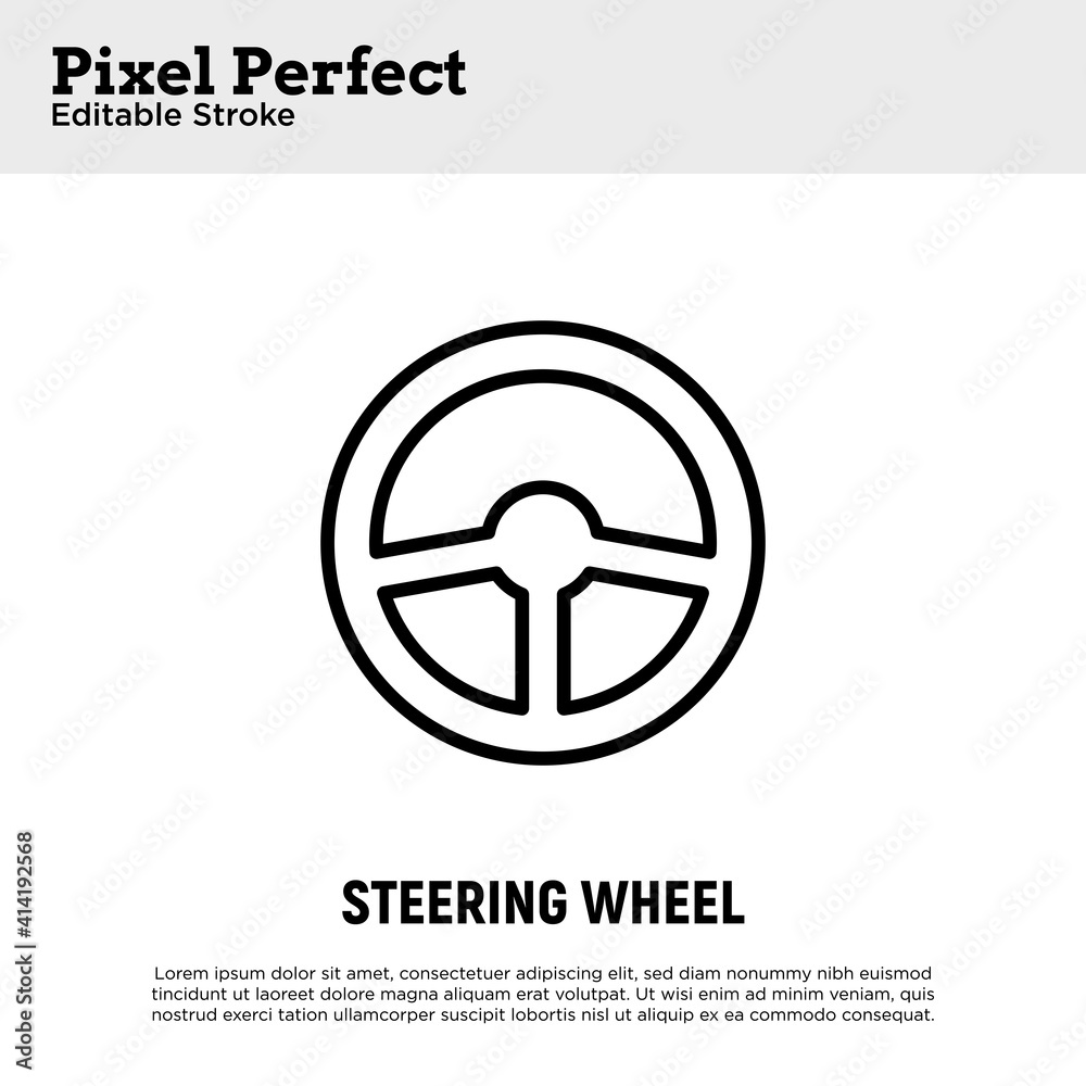 Steering wheel thin line icon. Pixel perfect, editable stroke. Vector illustration. Steering wheel thin line icon. Pixel perfect, editable stroke. Vector illustration.