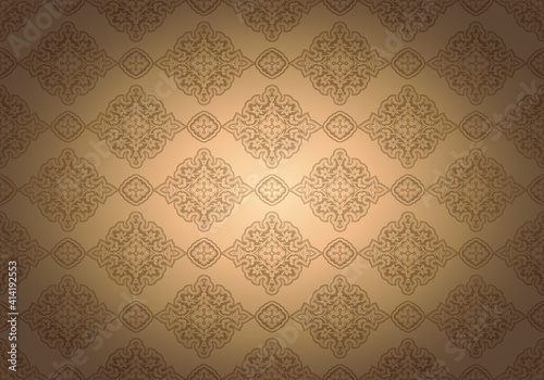 Oriental vintage background with Indo-Persian ornaments. Royal, luxurious, horizontal textured wallpaper in gold color, with darkening at the edges, vignette. Vector illustration