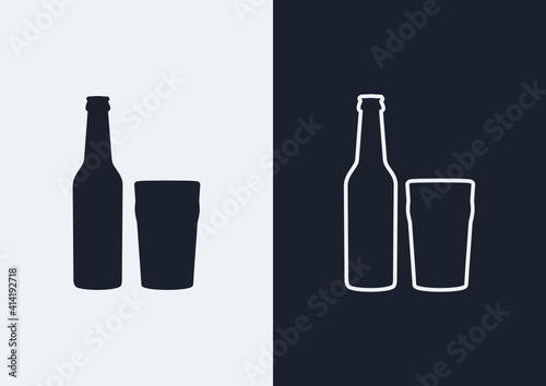 Beer bottle and nonic pint glass icon. (Outlined and silhouette vector of beer bottle and nonic pint glass)
