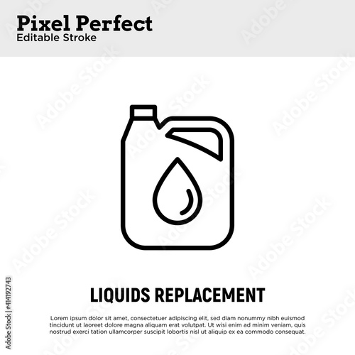 Car service: oil replacement, oil canister thin line icon. Pixel perfect, editable stroke. Modern vector illustration.