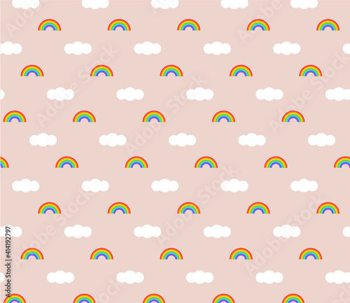  Pastel rainbow and clouds.  Pattern on pink background 