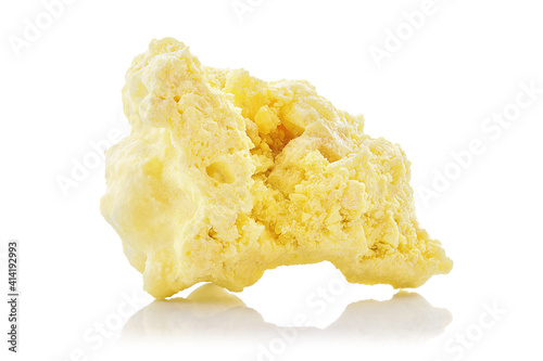 Extreme sharp and detailed closeup macro of natural raw piece of native Sulfur or Sulphur mineral stone isolated on white background. Chemical element with S symbol in the periodic system