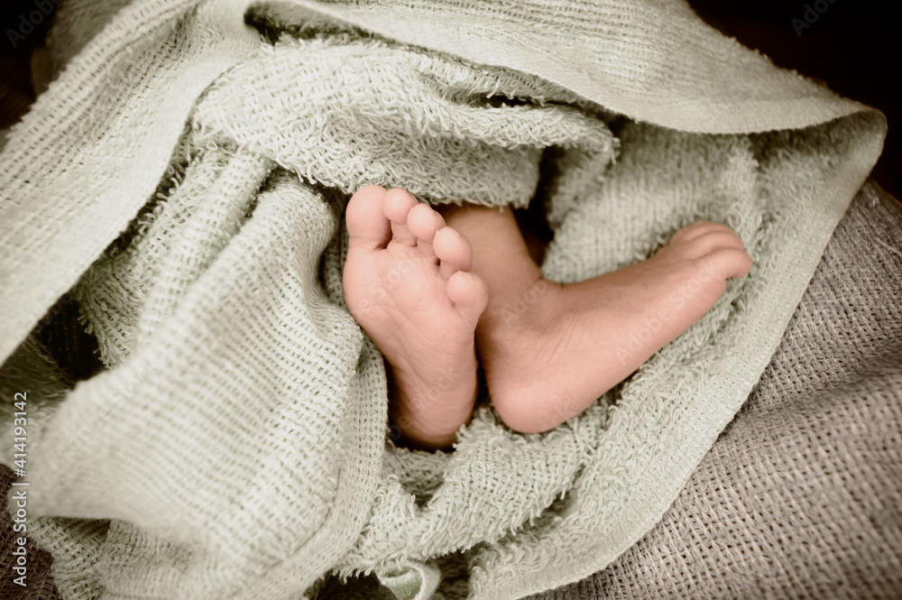 Newborn baby feet close up. The legs of a new born infant kid on a soft baby fur blanket. Cute love cozy background. Vintage color image. Copy space. Newborn baby feet close up. The legs of a new born infant kid on a soft baby fur blanket. Cute love cozy background. Vintage color image. Copy space.