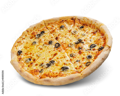 Pizza with cheese and tomato sauce isolated on white background. olive topping.