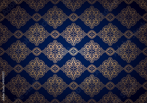 Oriental vintage background with Indo-Persian ornaments. Royal, luxurious, horizontal textured wallpaper in blue ultramarine and gold, with darkening at the edges, vignette. Vector illustration