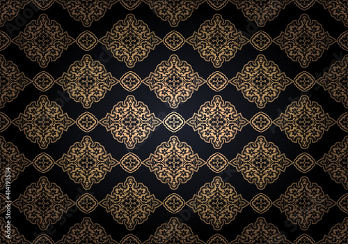 Oriental vintage background with Indo-Persian ornaments. Royal, luxurious, horizontal textured wallpaper in black and gold, with darkening at the edges, vignette. Vector illustration