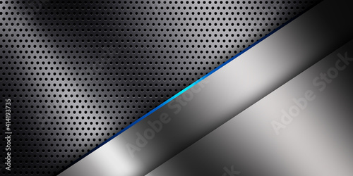  Trendy composition of blue technical shapes on black background. Dark metallic perforated texture design. Technology illustration
