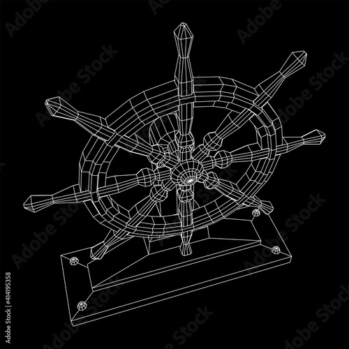 Ship steering wheel. Marine rudder. Wireframe low poly mesh vector illustration.