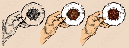 Sketch hand drawn hand holding a cup of coffee . Mug and plate with espresso. Vintage, retro background. Turkish coffee. Vector illustration. Cafe, breakfast, menu, bar, restaurant. Line art, outline.