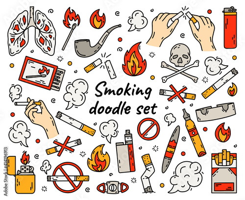 Cigarette smoking vector set in doodle style, hand drawing. The concept of bad habits with tobacco, lighters and vape.