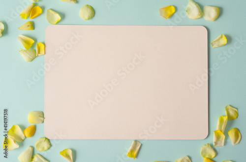 Fototapeta Naklejka Na Ścianę i Meble -  Spring holiday design template. Mothers day or Valentine day background with yellow roses petals and on light blue background. Empty space for text