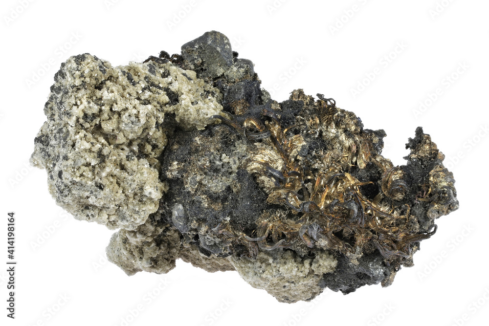 acanthite and silver wires from Shanxi, China isolated on white background