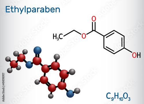 Ethylparaben, ethyl paraben, ethyl para-hydroxybenzoate molecule. It is ethyl ester, paraben, phytoestrogen, antifungal preservative, E214