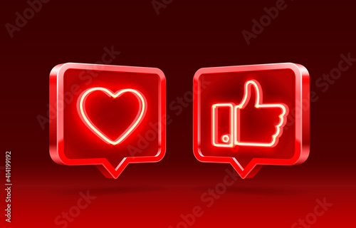 Hand and heart like neon icon, sign follower 3d banner, best post social media. Vector