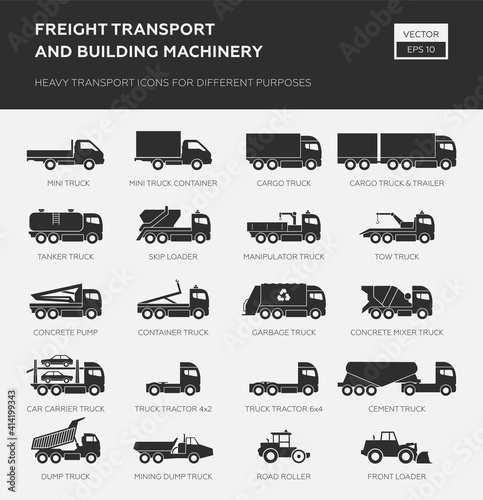 Freight transport and building machinery. Heavy transport icons for different purpose. 